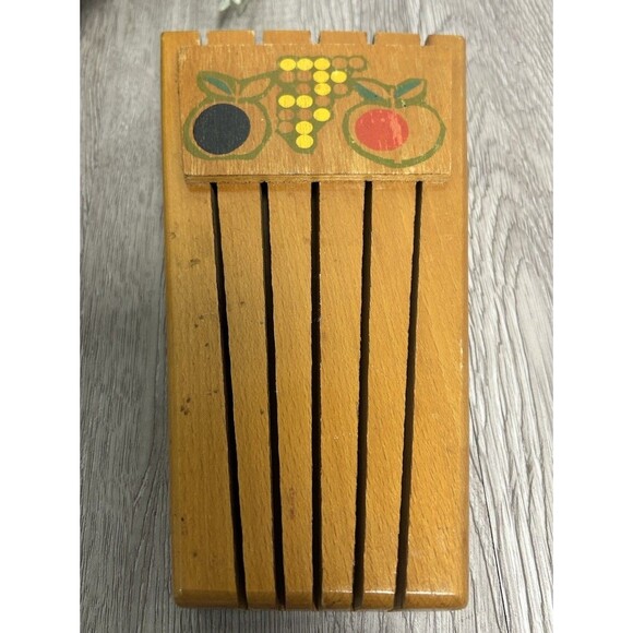 Vintage Knife Holder Wooden Farmhouse Cottage 5 Slot Hand Painted Fruit Design - Picture 3 of 9